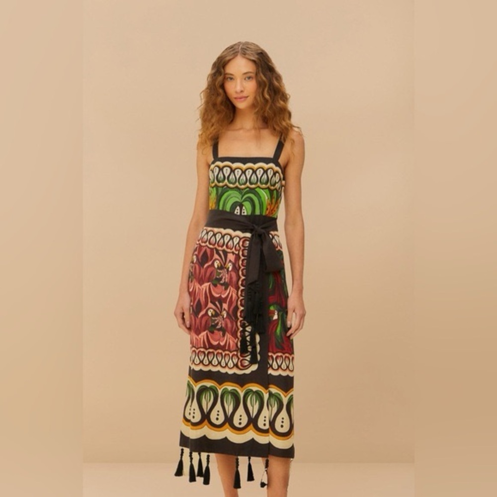 FARM Rio Colorful Patterned Midi Dress with Black Accents